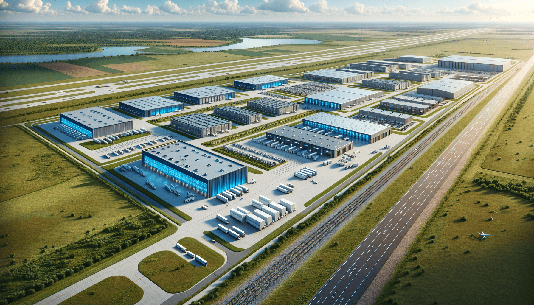 MILHUB Integrated Manufacturing Campus - aerial view showing modern glass and steel facilities, runway, and rail access