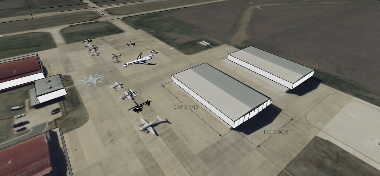 Rendering of hangar structures on the Chickasha Municipal Airport apron with dimensions