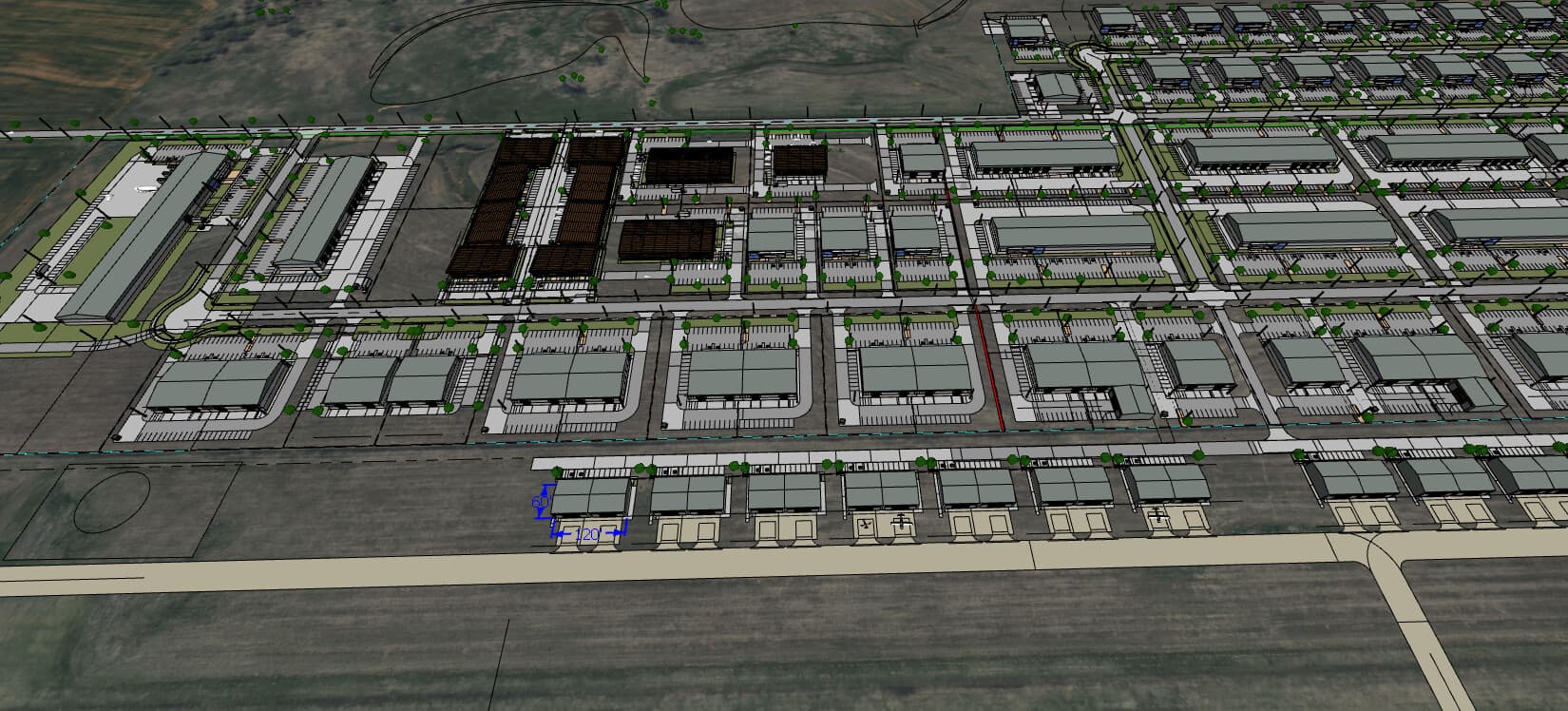 Aerial rendering detail of the industrial park building rows and internal street grid