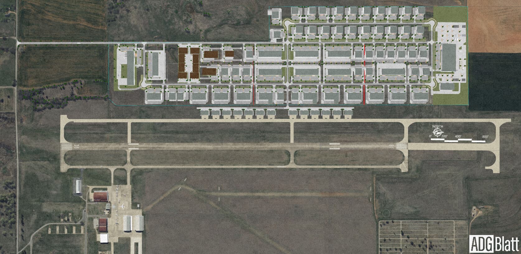 Overhead master plan of the Chickasha Industrial Park showing building rows adjacent to the airport runway