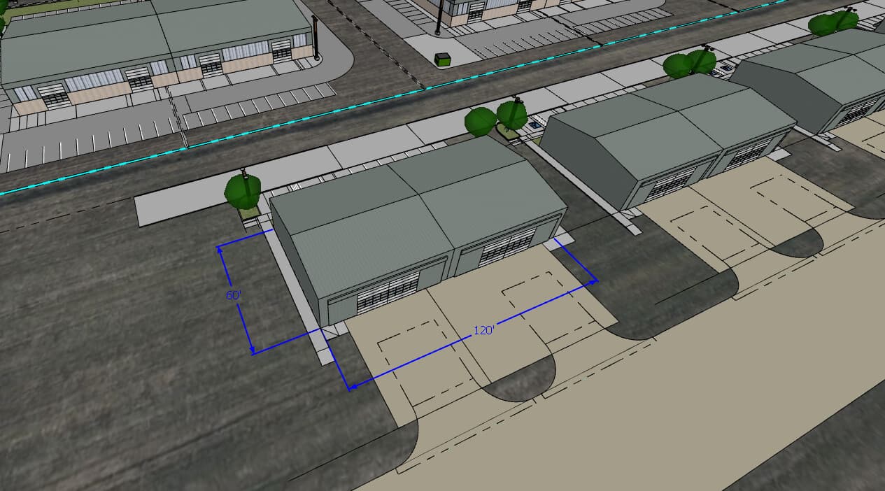 Rendering of 60 by 120 foot drive-in shop bays with roll-up doors and truck hardstand