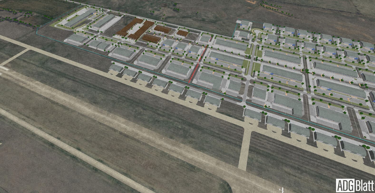 Aerial rendering of the MILHUB campus at Chickasha Industrial Park alongside the airport runway