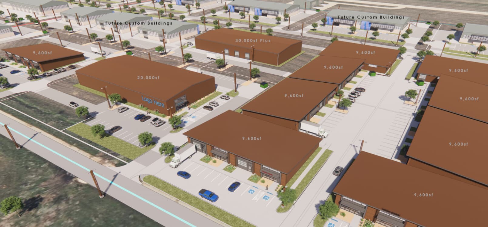 Rendering of MILHUB campus spec buildings labeled with square footages